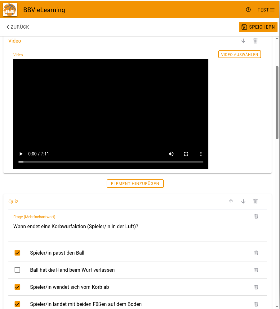 Editor von fobsi mit Video- und Quiz-Elementen